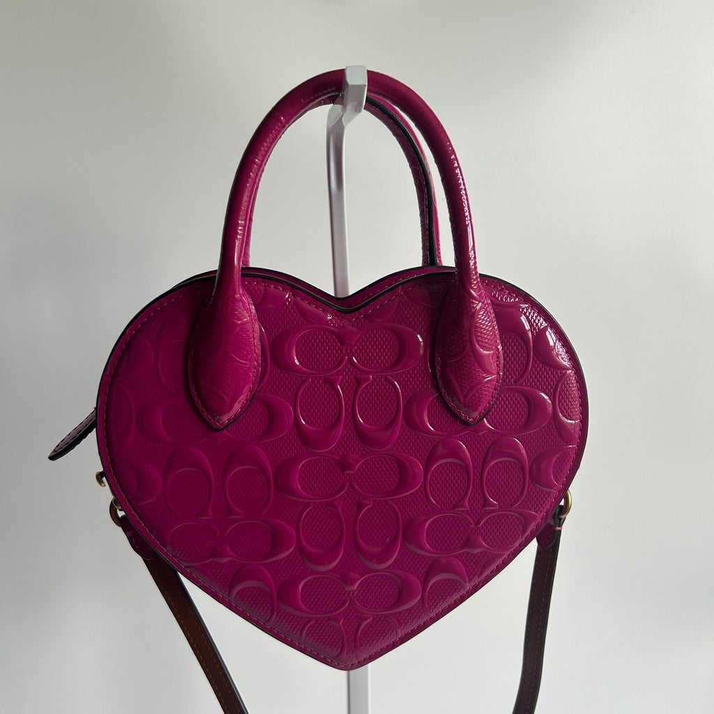Coach Heart Bag Pink Signature Patent Leather Crossbody CN600 Excellent