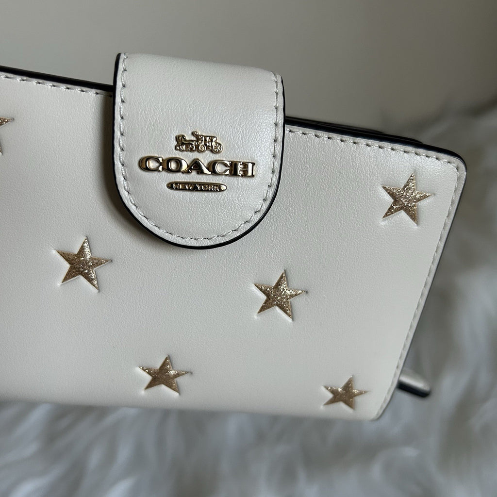 Coach Medium Corner Zip Wallet Chalk White Gold Glitter Star Bifold Leather