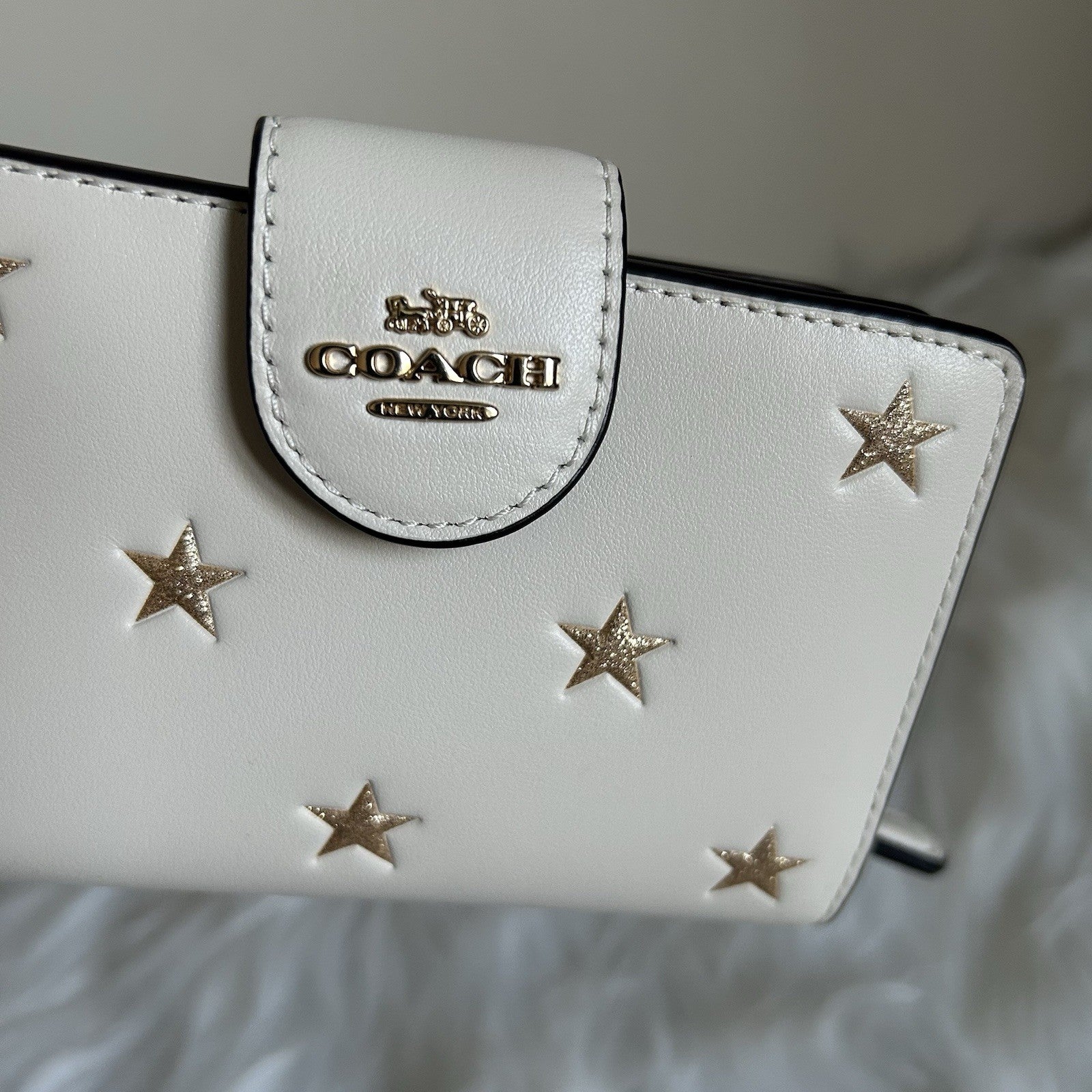 Coach Medium Corner Zip Wallet Chalk White Gold Glitter Star Bifold Leather