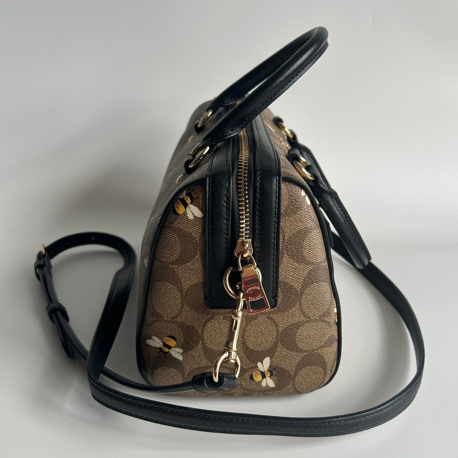 Coach Rowan Satchel Brown Bee Print Signature Canvas Satchel Excellent