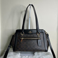 Coach Kailey Carryall Brown Black Signature Canvas Leather Bag Excellent