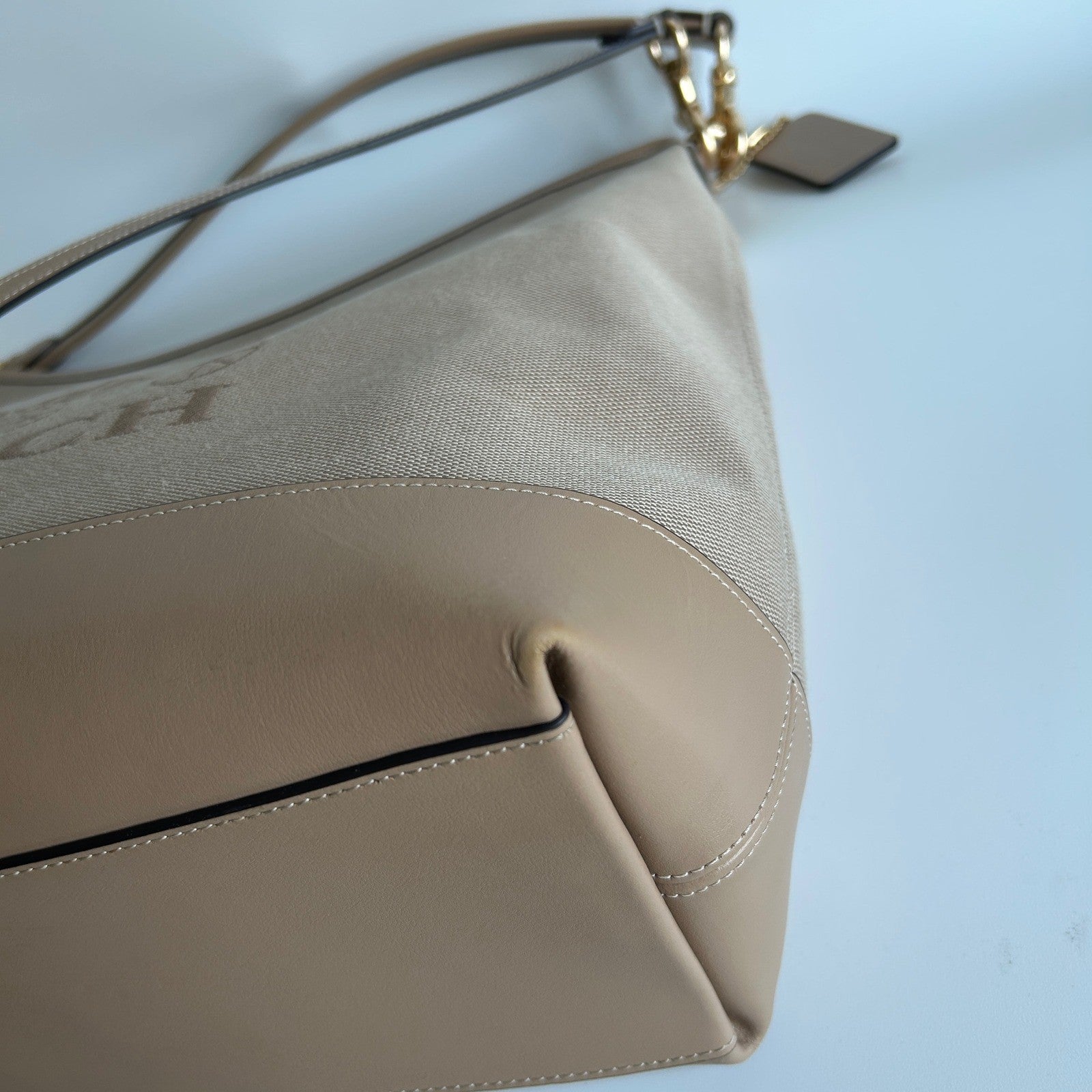 Coach Laurel Large Shoulder Bag Taupe Canvas Leather CAK92 Good