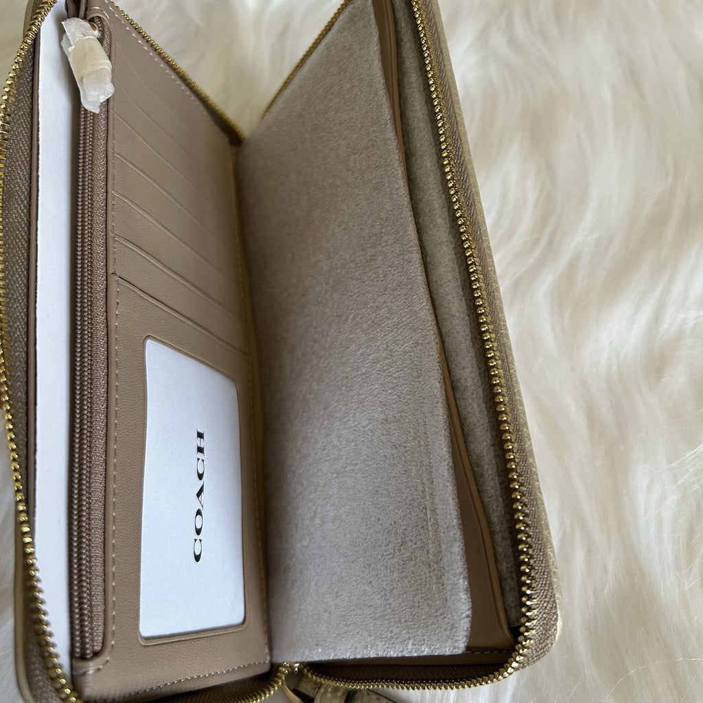 Coach Dempsey Large Phone Wallet Khaki Pink Metallic Gold Jacquard New