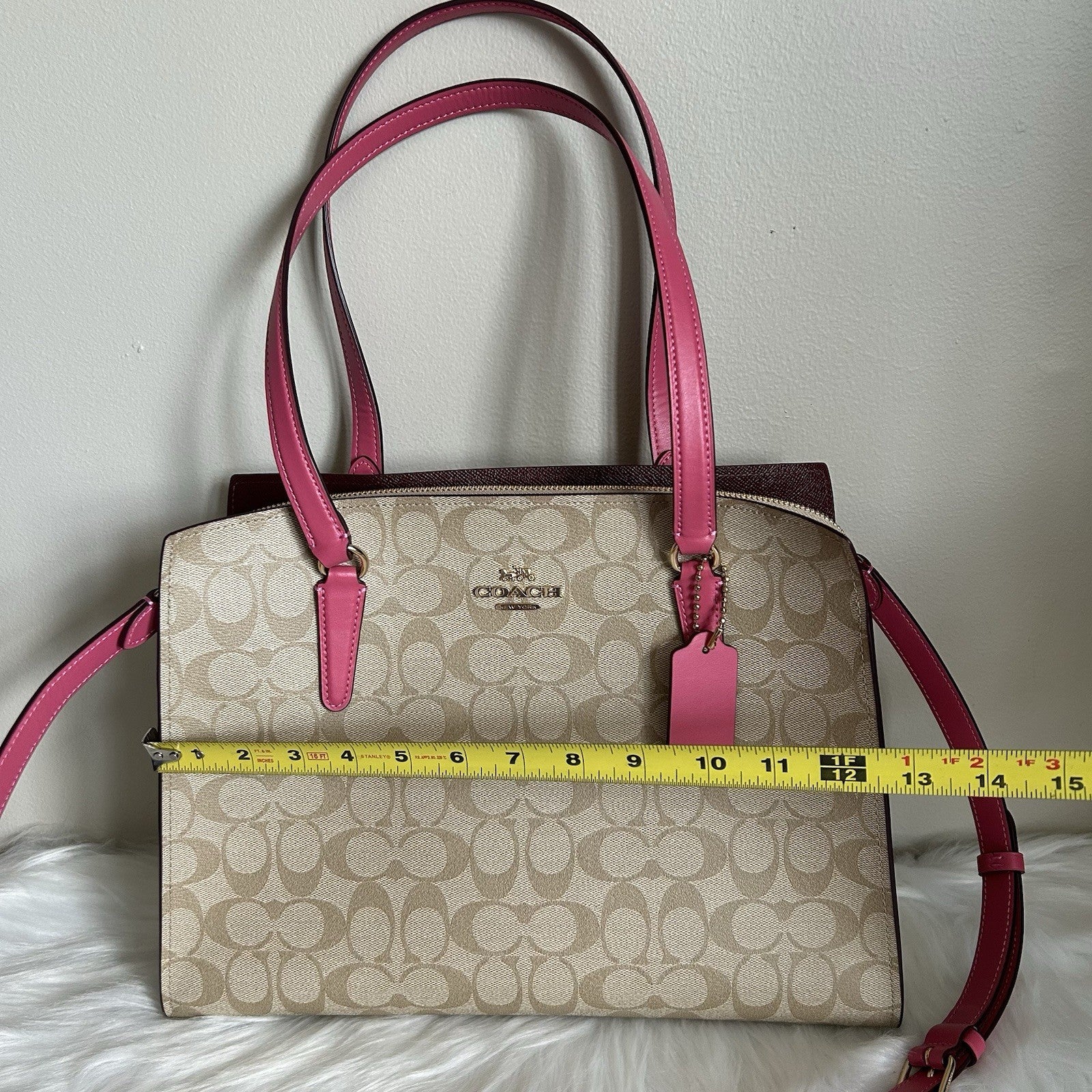 Coach Tatum Carryall 28 Khaki Pink Signature Canvas Leather Bag Excellent
