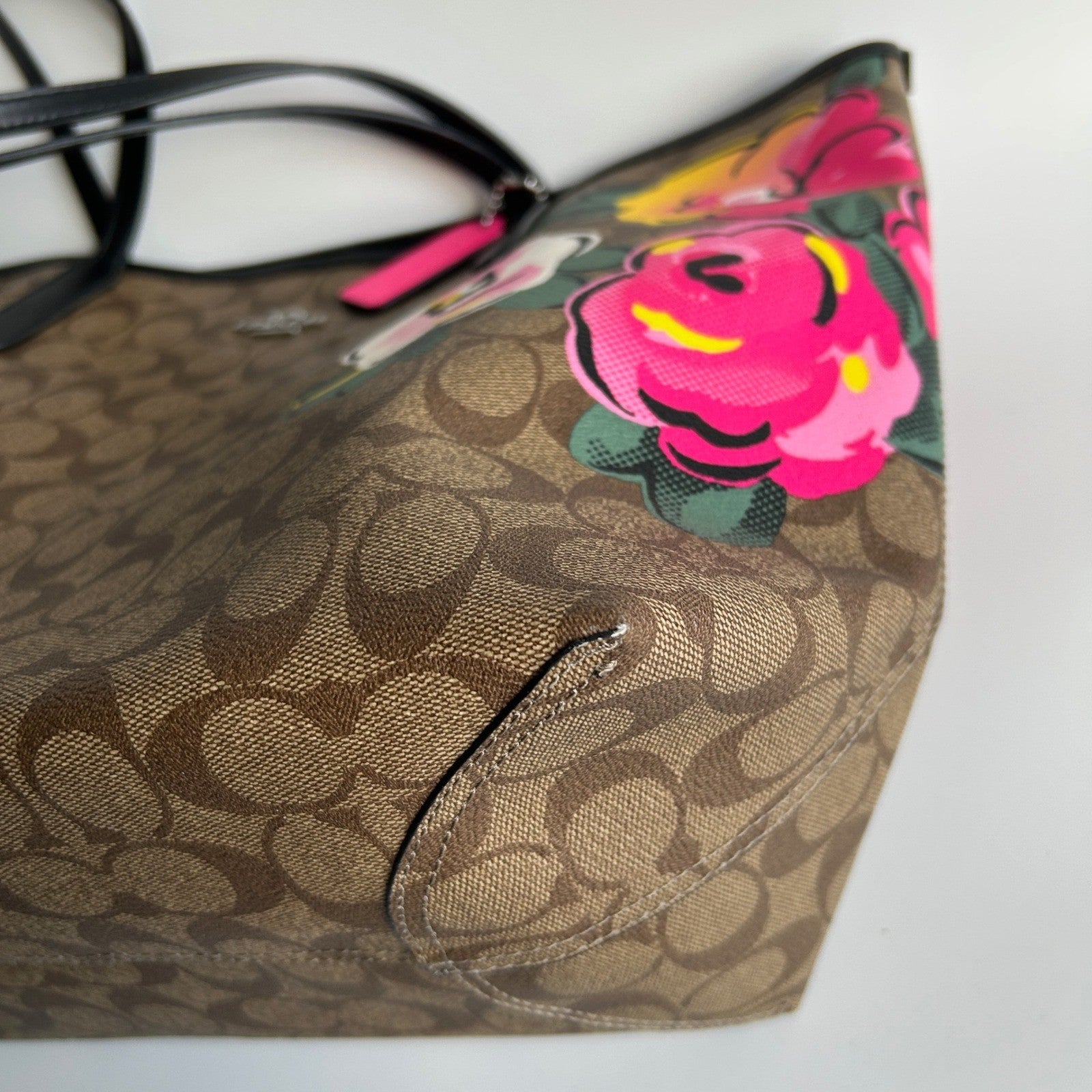 Coach City Tote Brown Vintage Rose Signature Canvas Leather Bag Good
