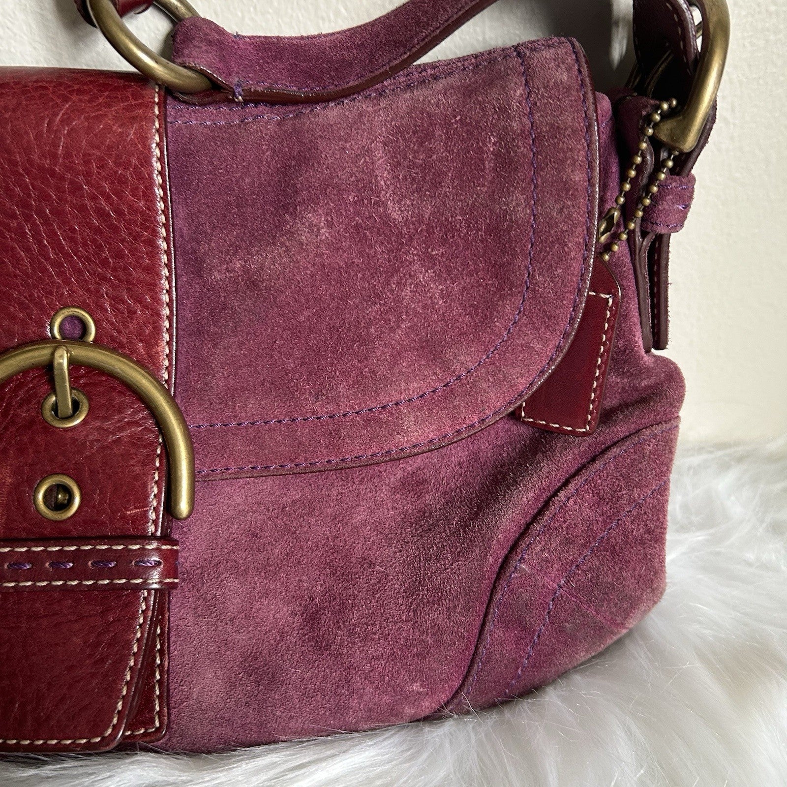 Coach Soho Plum Purple Suede Leather Buckle Flap Shoulder Bag 9688 Good