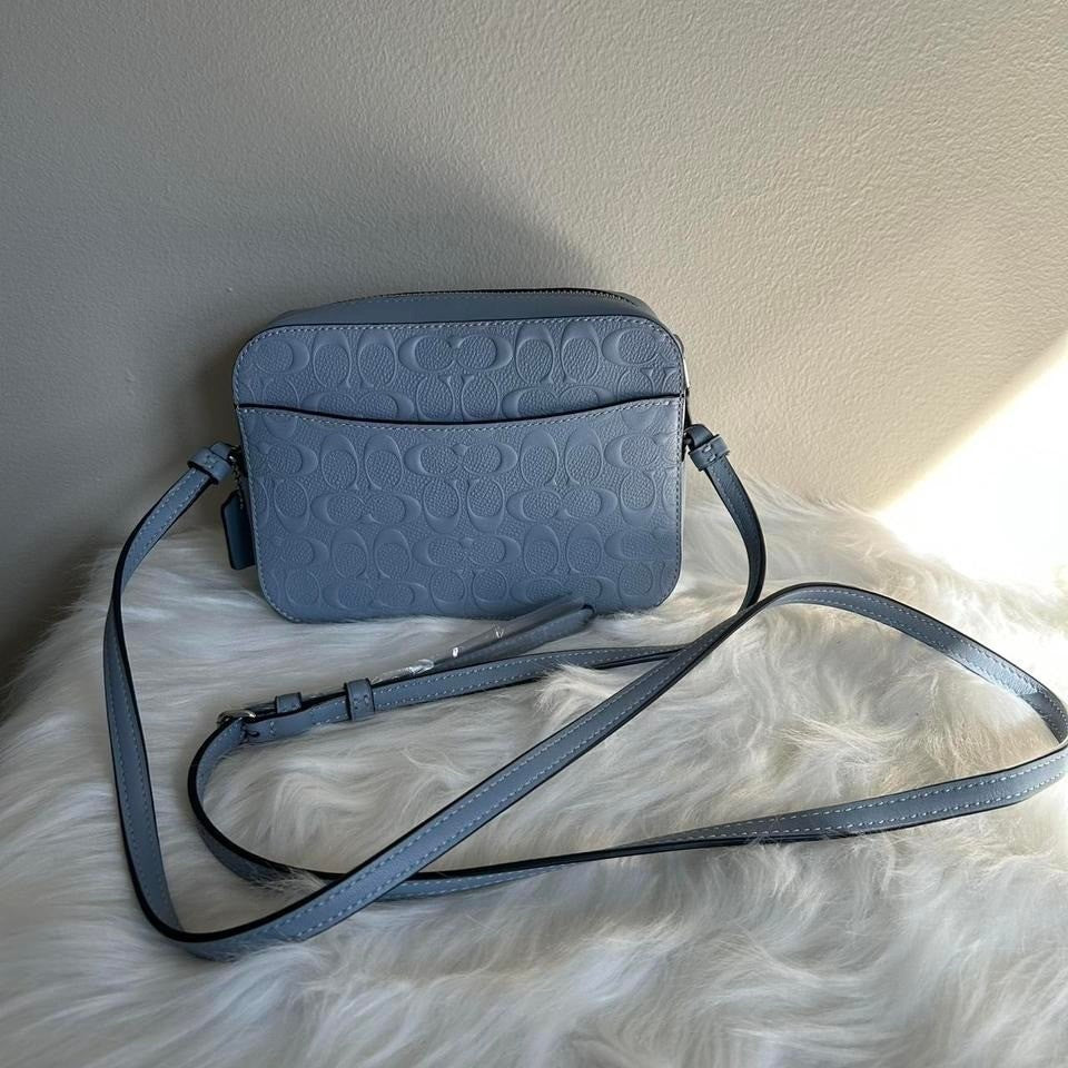 Coach Mini Camera Bag Twilight Blue Pebbled Leather Crossbody NEW