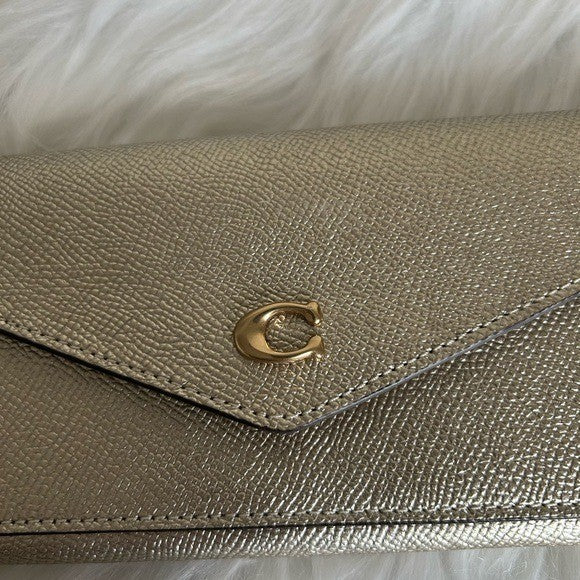 Coach Wyn Soft Wallet Metallic Gold Crossgrain Leather Envelope C Logo C2327