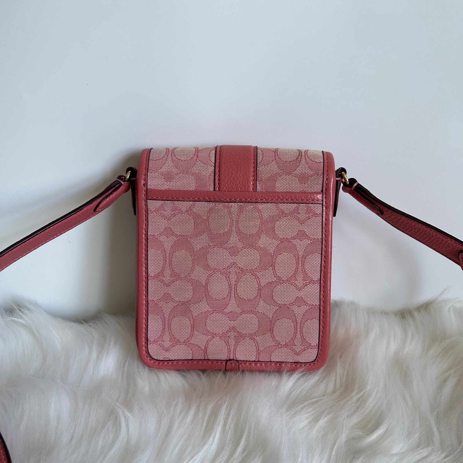 Coach North/South Lonnie Pink Signature Jacquard Leather Crossbody Bag Excellent