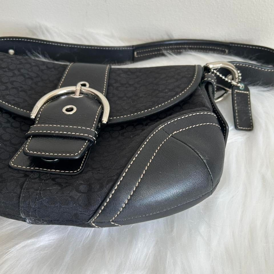 Coach Soho Black Signature Canvas Leather Flap Shoulder Bag Excellent