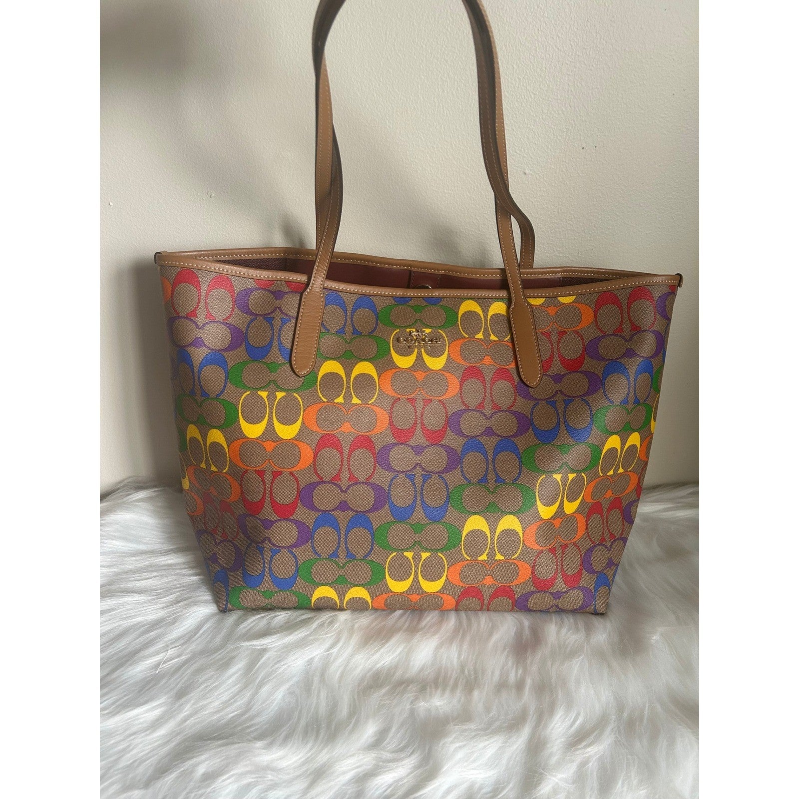 Coach Rainbow Signature Light Saddle Coated Canvas City Tote Bag NEW