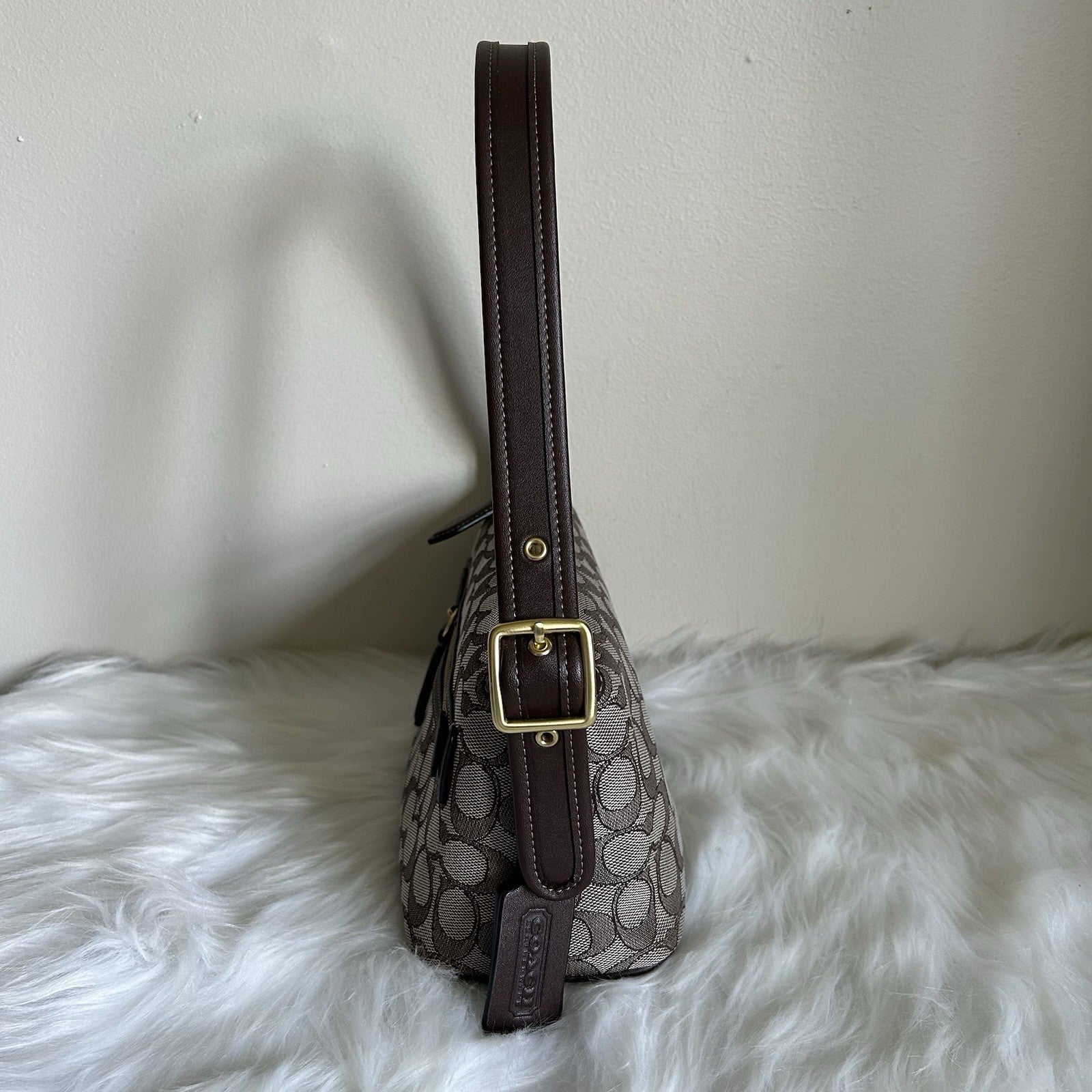 Coach Demi Bag Khaki Brown Signature Jacquard Leather Shoulder Bag Excellent