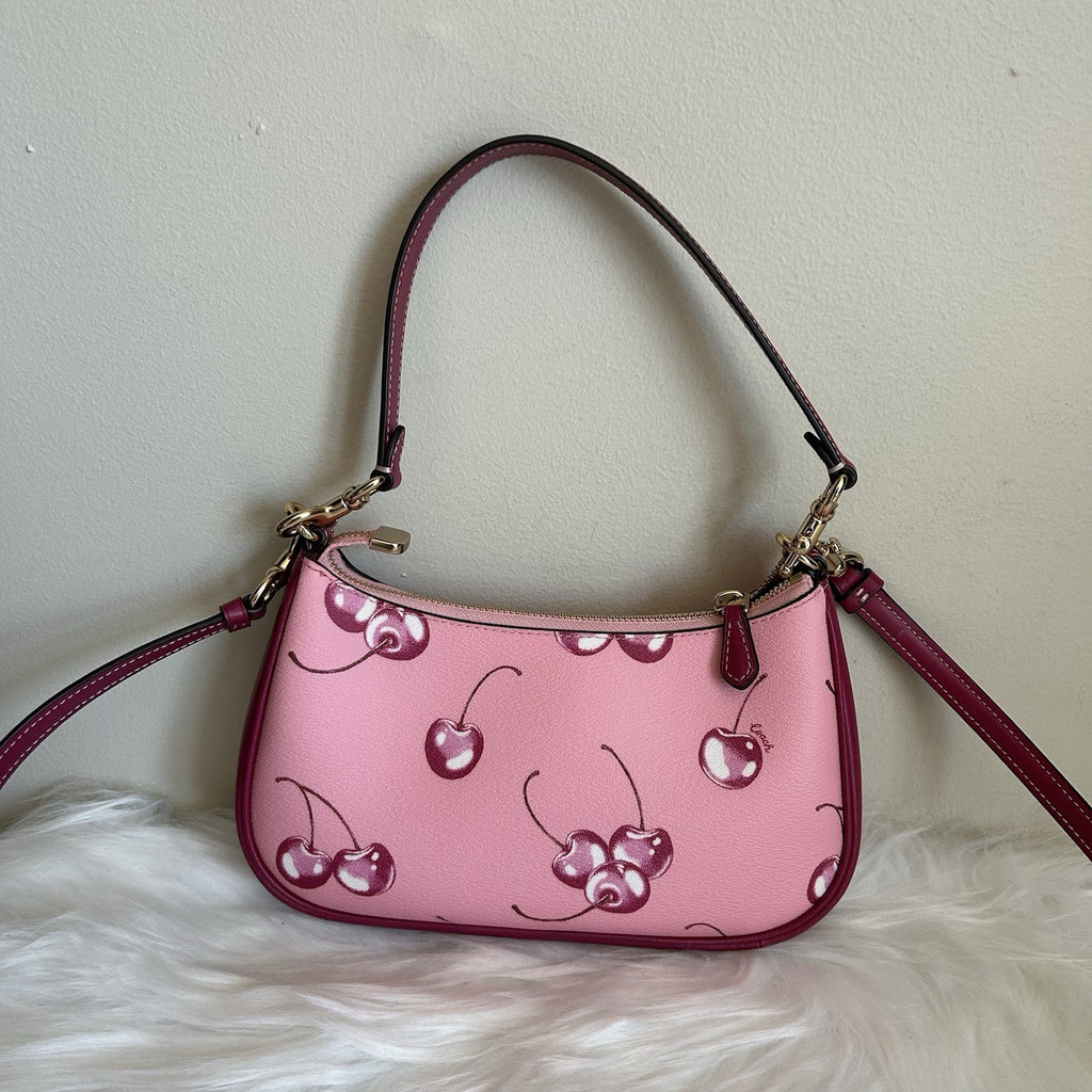 Coach Teri Cherry Print Pebbled Shoulder Bag Pink