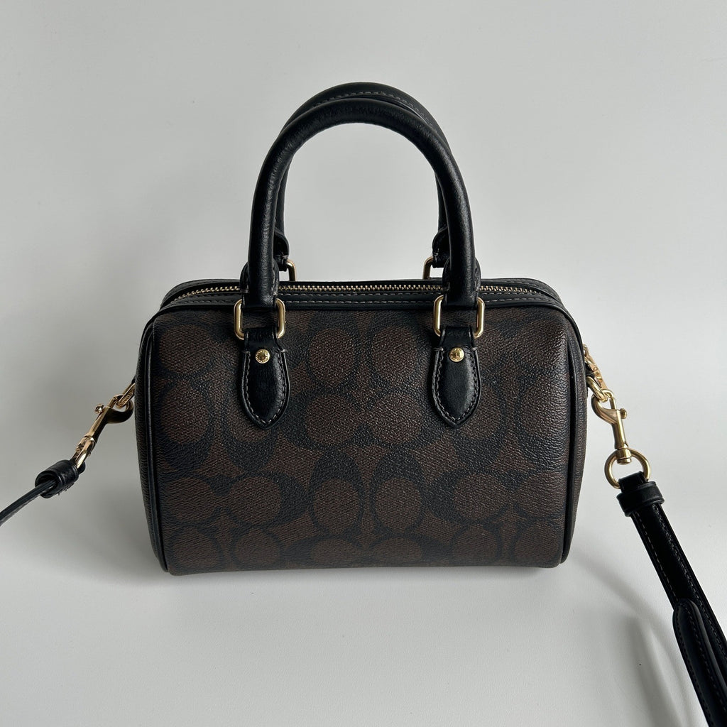 Coach Rowan Satchel Brown Black Signature Canvas Leather Bag Excellent