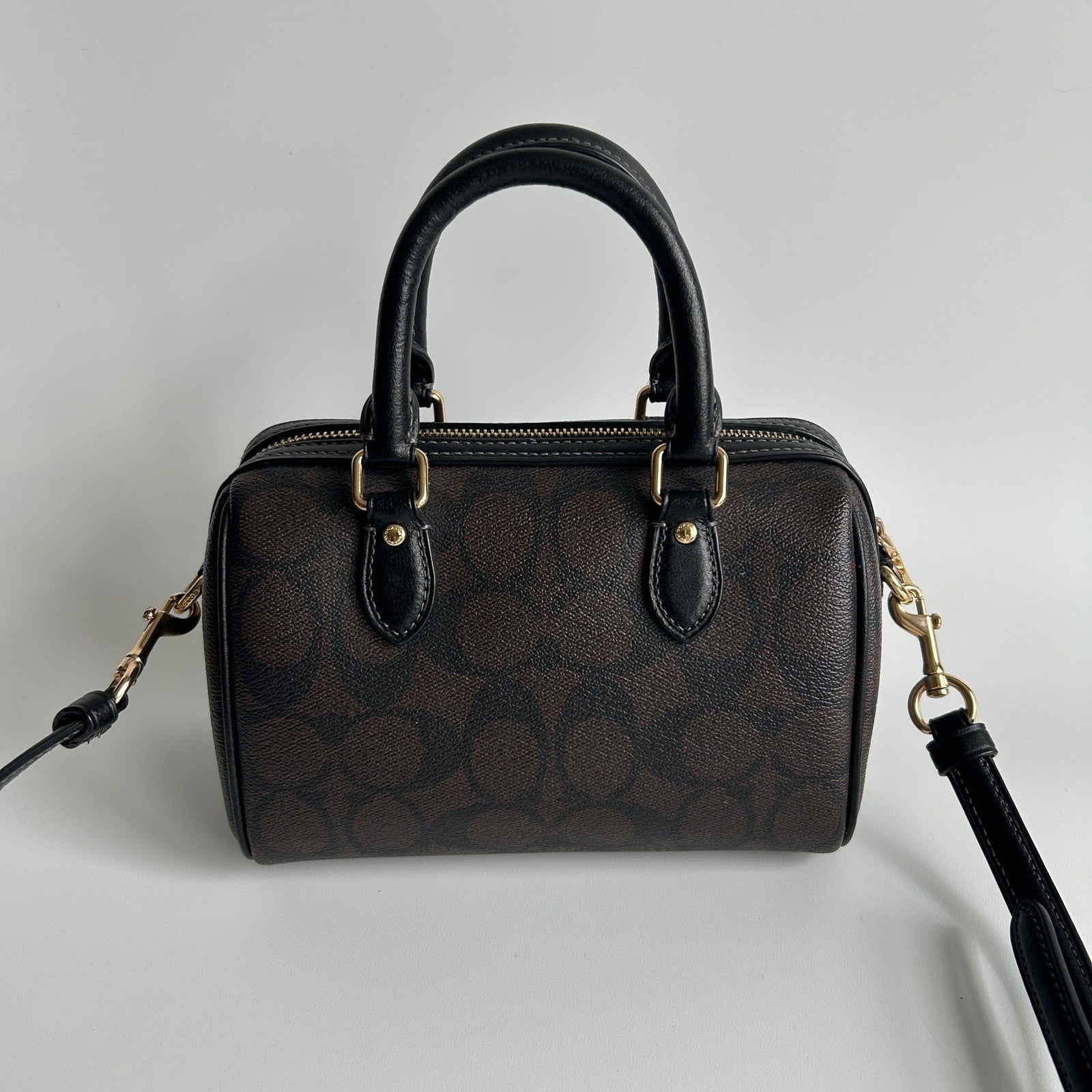 Coach Rowan Satchel Brown Black Signature Canvas Leather Bag Excellent