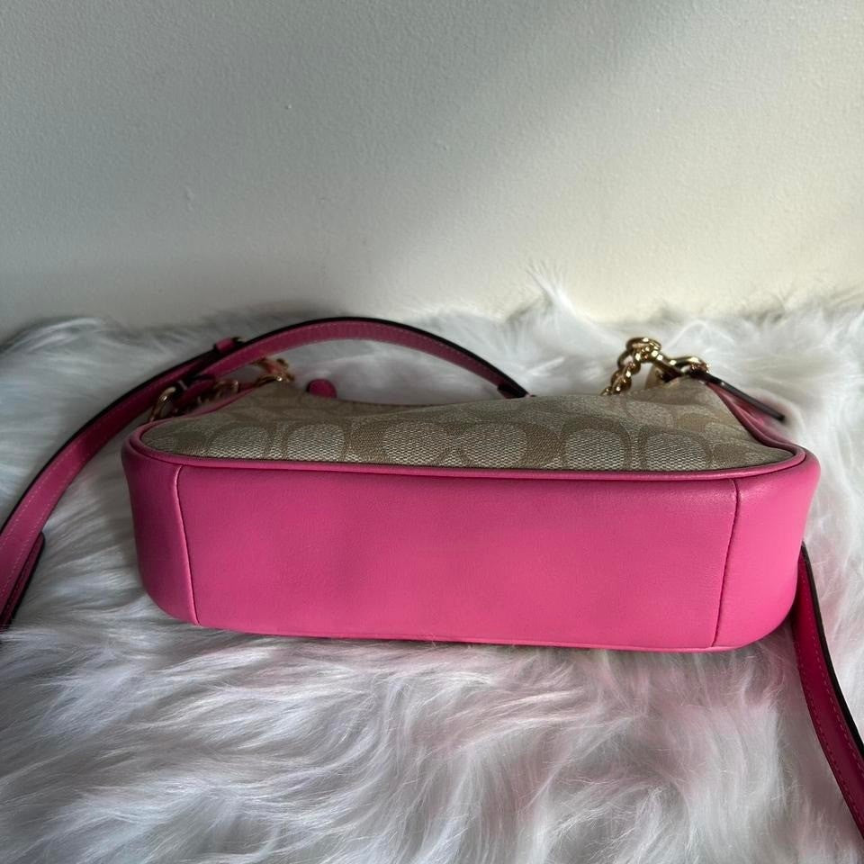 Coach Teri Khaki Electric Pink Signature Canvas Shoulder Bag Excellent
