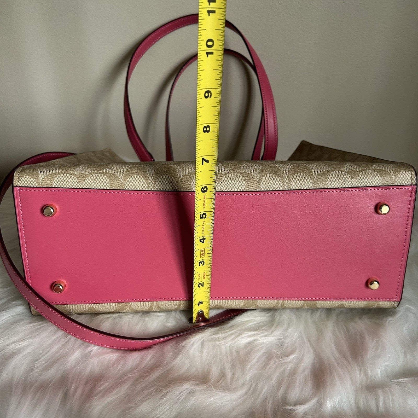 Coach Tatum Carryall 28 Khaki Pink Signature Canvas Leather Bag Excellent