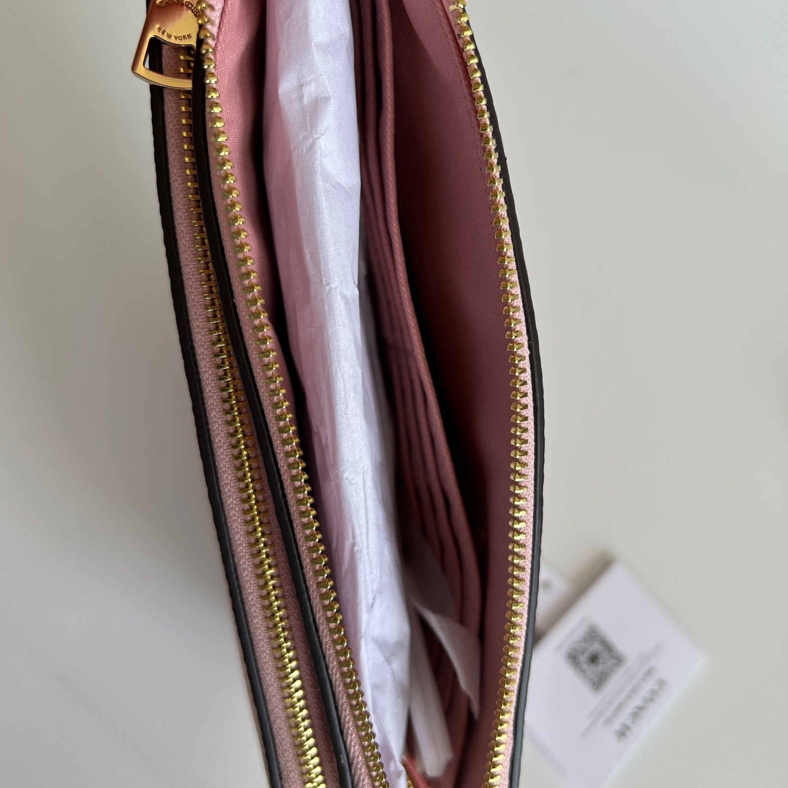 Coach CEF61 Powder Pink Signature Coated Canvas Double Zip Wristlet NEW
