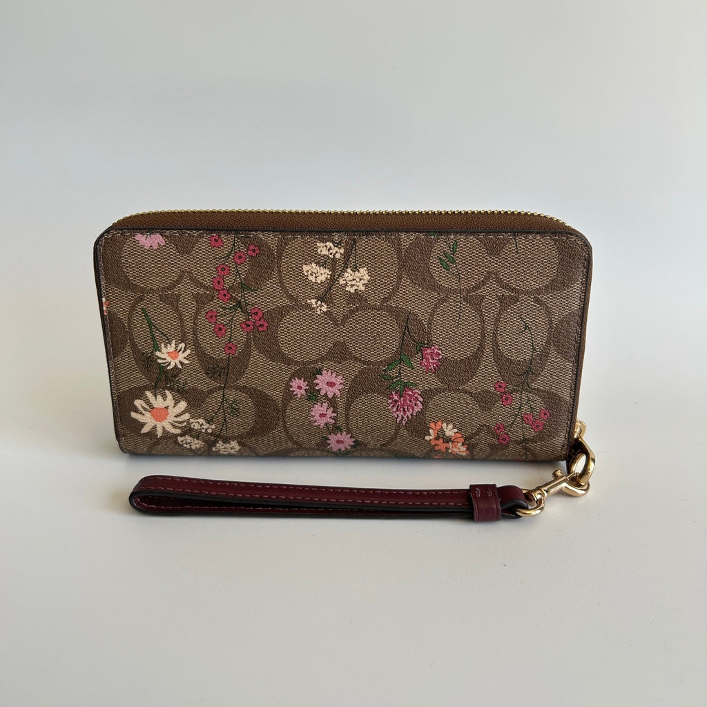 Coach Accordion Wildflower Tan Signature Canvas Wristlet Wallet Excellent