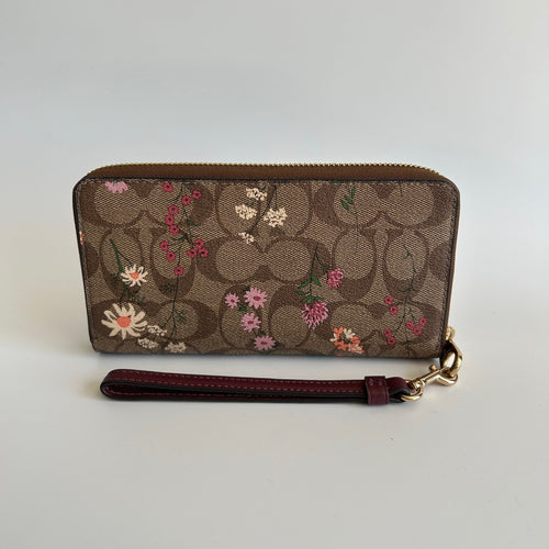 Coach Accordion Wildflower Tan Signature Canvas Wristlet Wallet Excellent