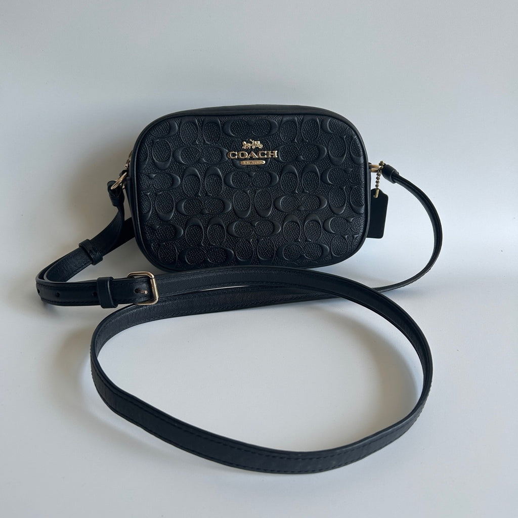 Coach Jamie Camera Bag Black Signature Embossed Leather Crossbody Excellent