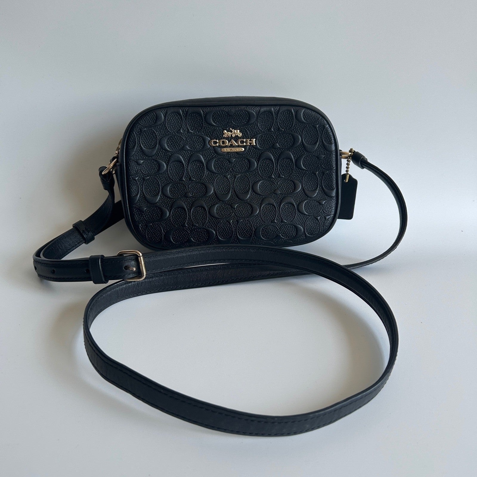 Coach Jamie Camera Bag Black Signature Embossed Leather Crossbody Excellent