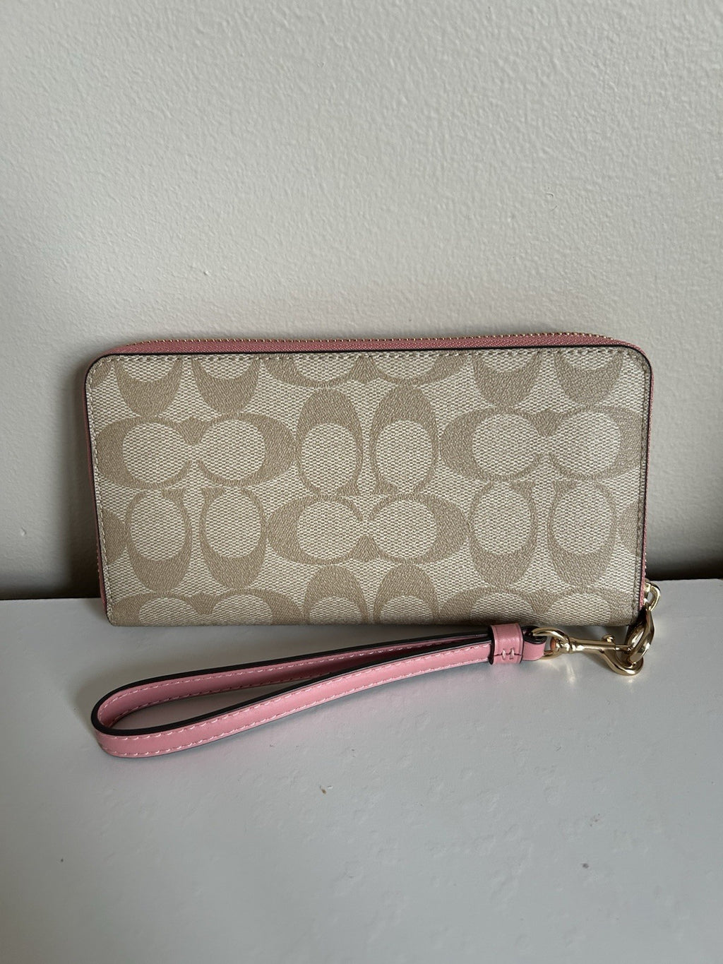 Coach Signature Long Zip Around Wallet Khaki Pink Canvas New C4452