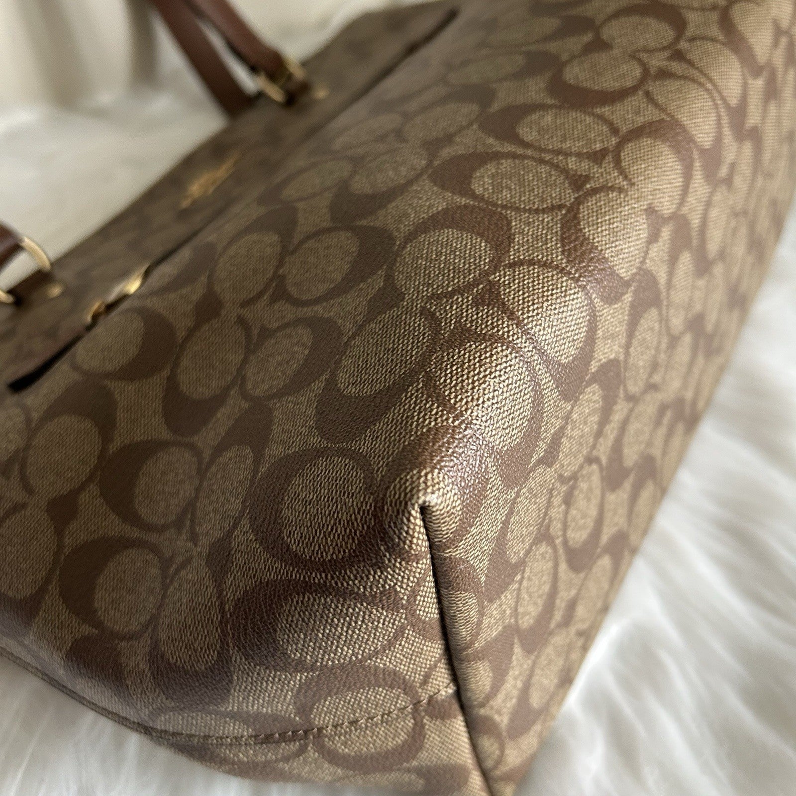 Coach Gallery Tote Khaki Saddle Signature Canvas Leather Shoulder Bag Excellent