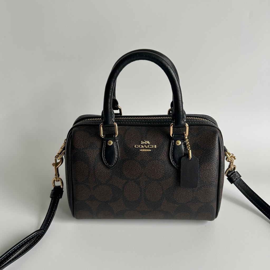 Coach Rowan Satchel Brown Black Signature Canvas Leather Bag Excellent