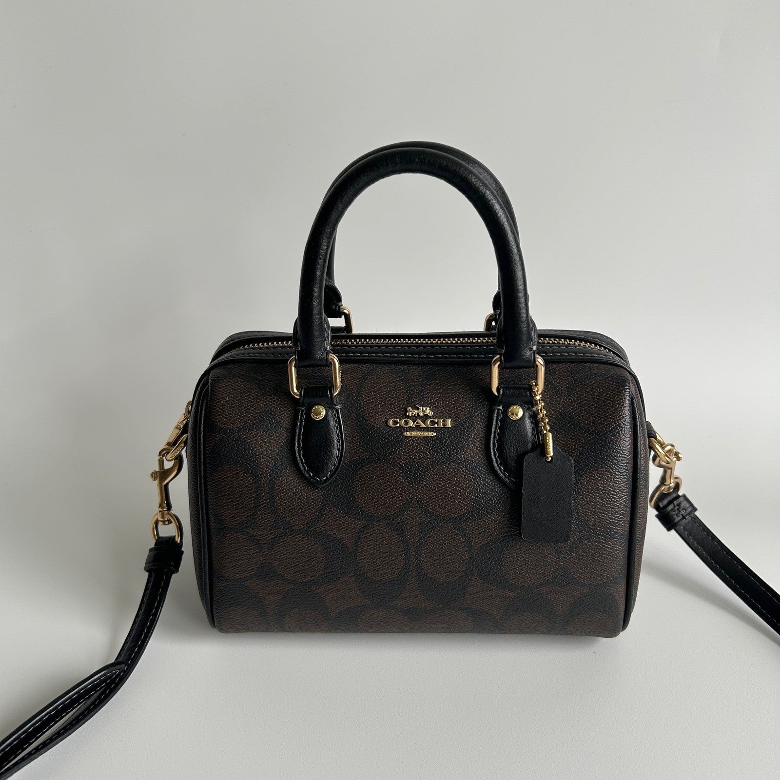 Coach Rowan Satchel Brown Black Signature Canvas Leather Bag Excellent