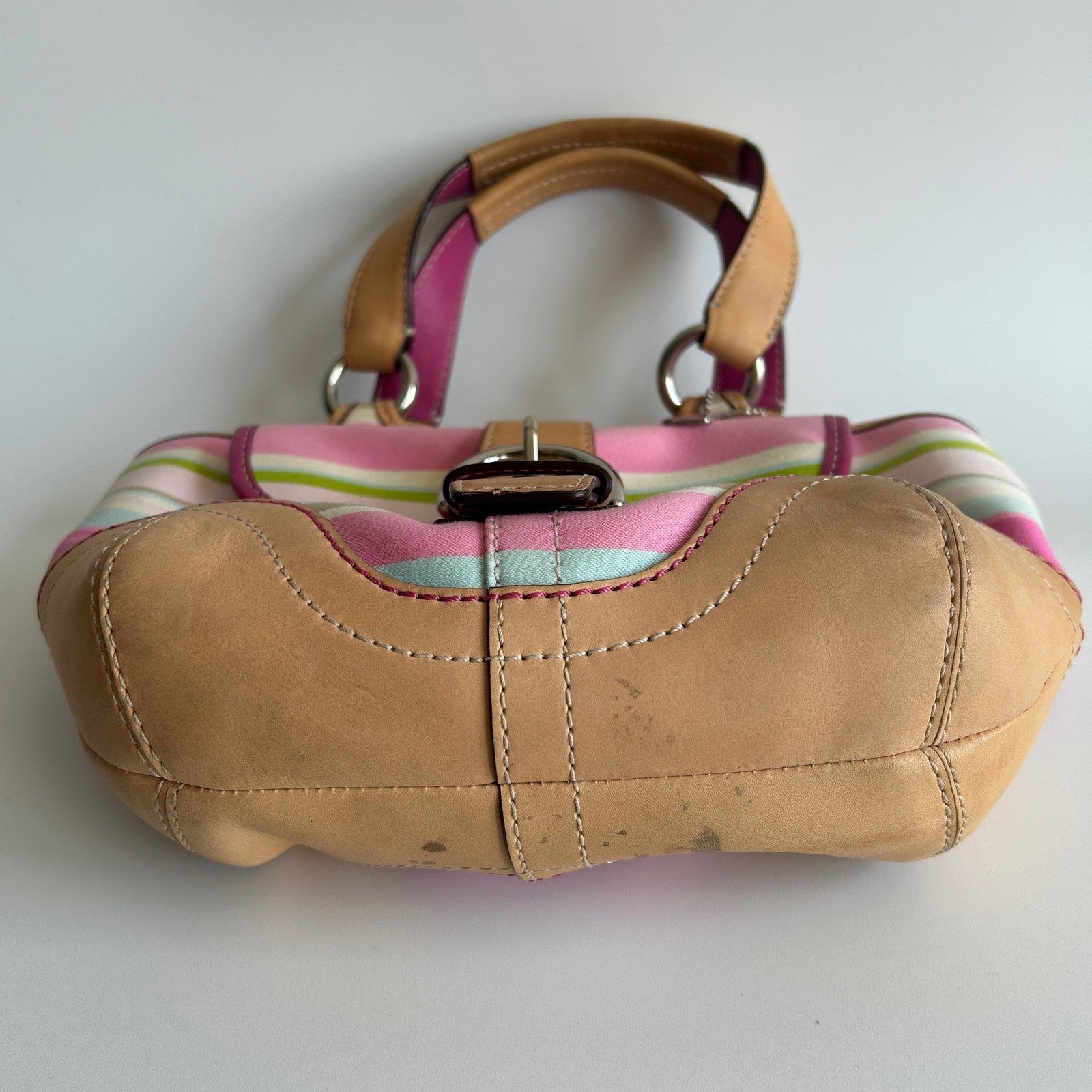 Coach Hampton Stripe Pink Canvas Leather Satchel Bag M053-1888 Fair