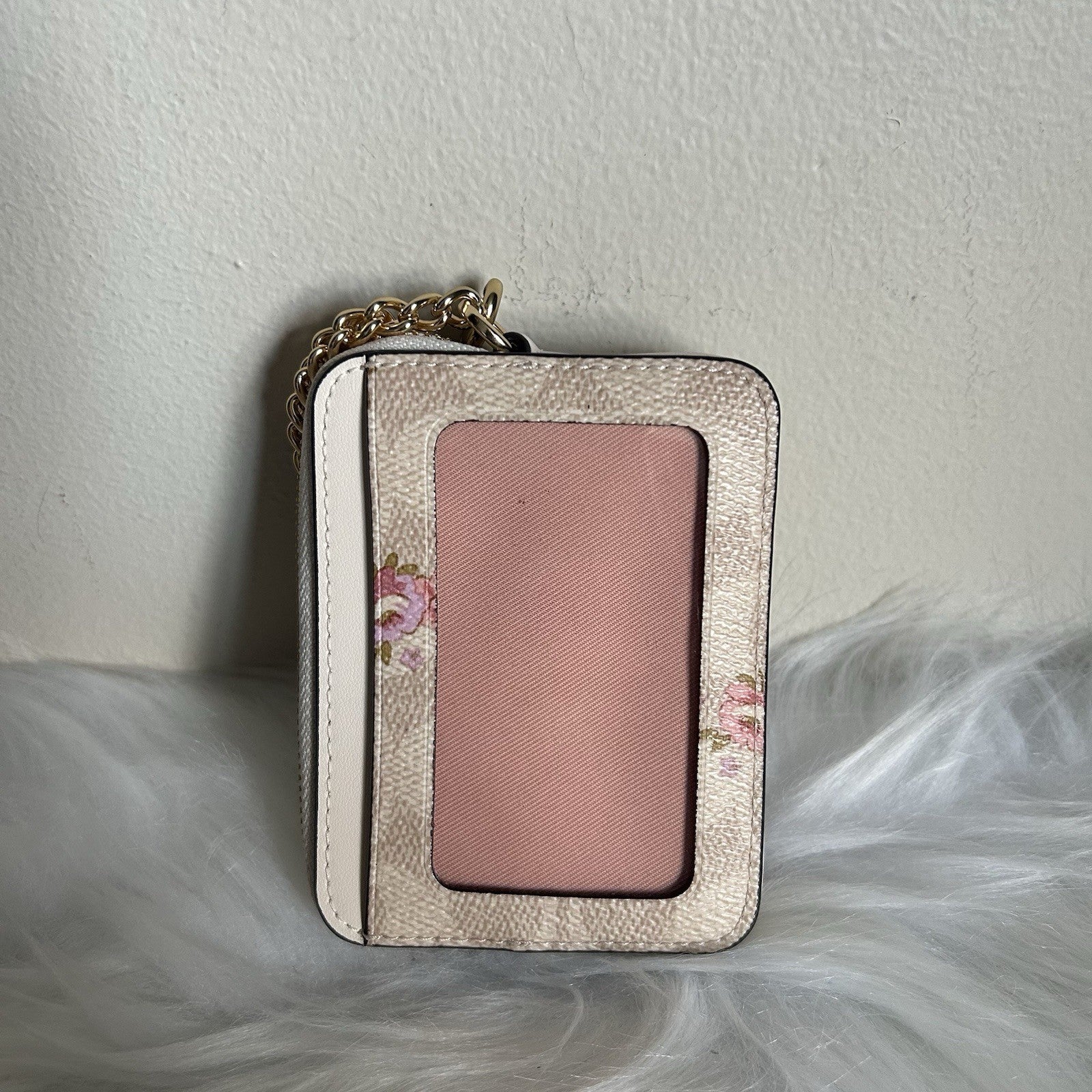 Coach Zip Card Case Signature Canvas Floral Print Chalk White Gold Hardware
