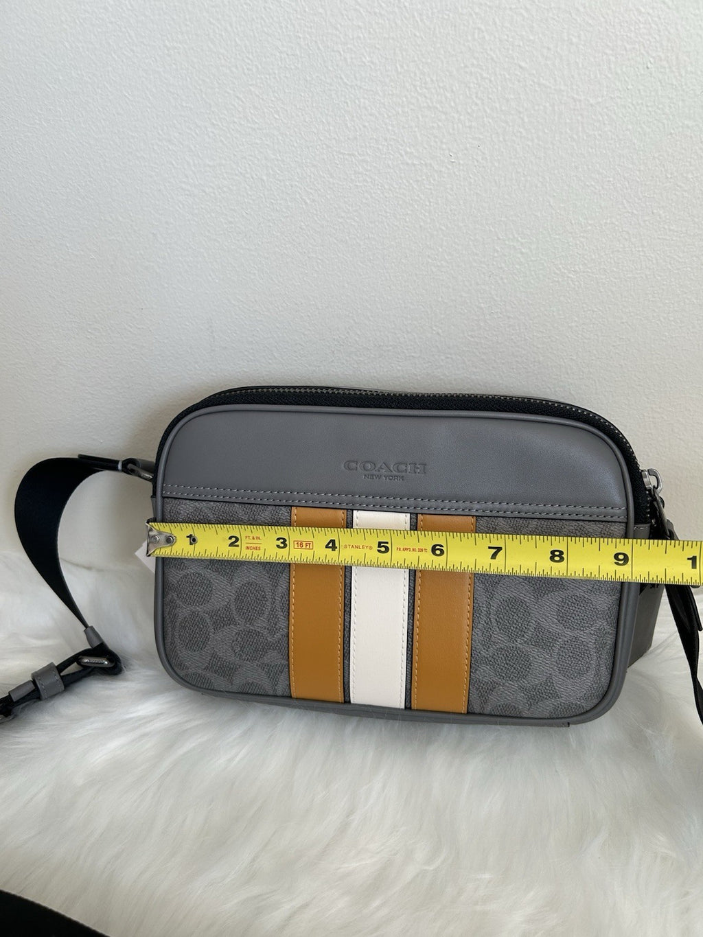 Coach Graham Grey Ochre Signature Canvas Varsity Stripe Crossbody Bag NEW