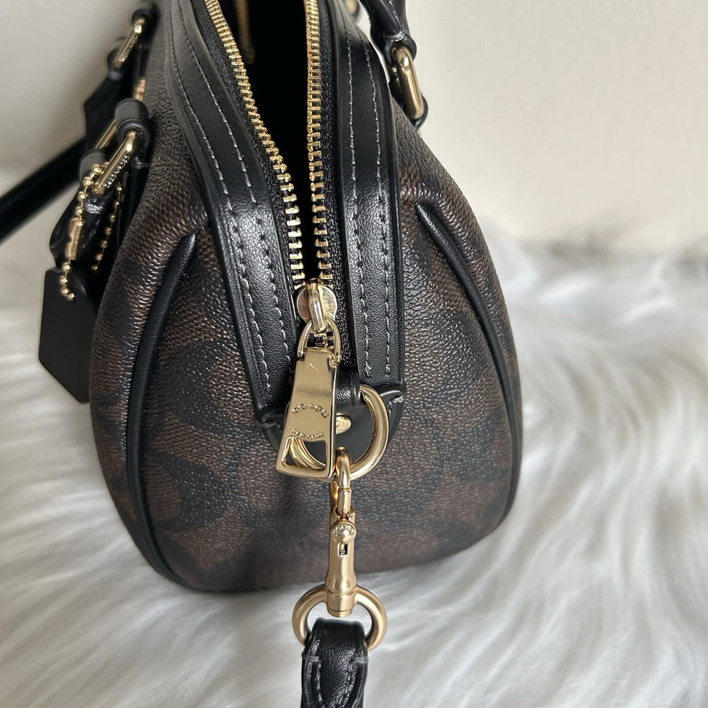 Coach Mini Rowan Brown Black Signature Canvas Leather Satchel Bag Excellent