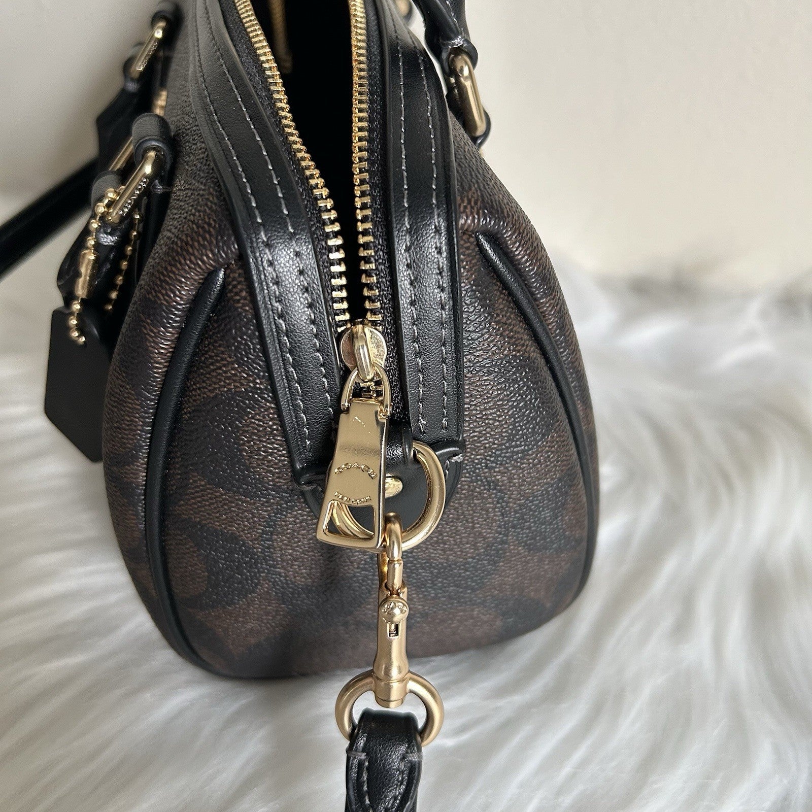 Coach Mini Rowan Brown Black Signature Canvas Leather Satchel Bag Excellent
