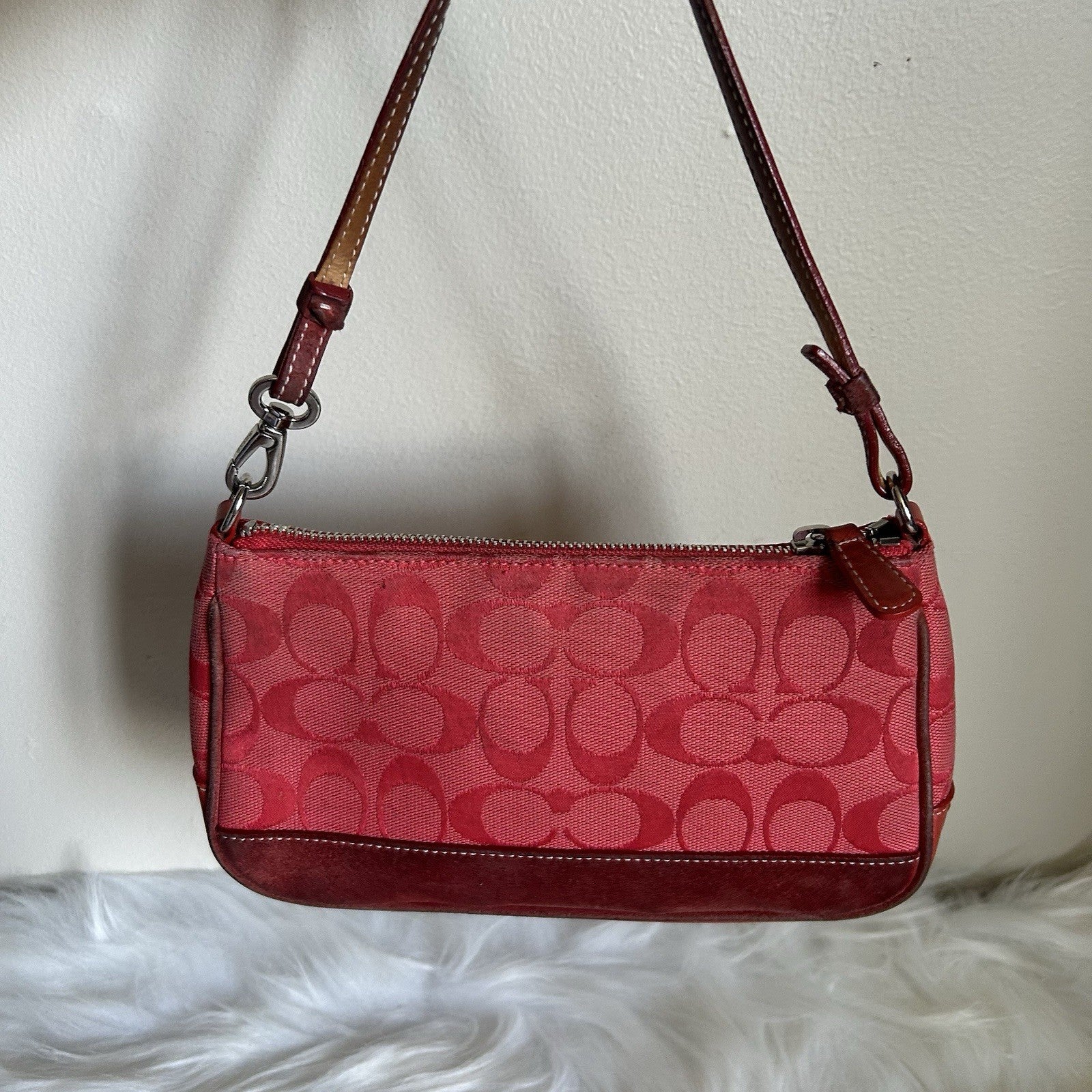 Coach Signature Orange Jacquard Suede Demi Pouch Baguette Handbag