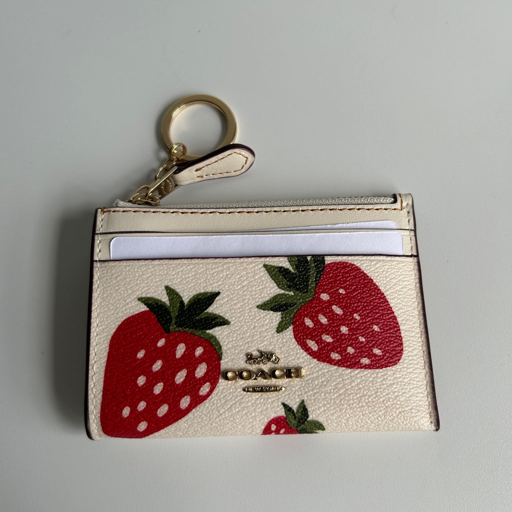 Coach Mini Skinny ID Case Chalk Strawberry Print Leather Wallet Excellent