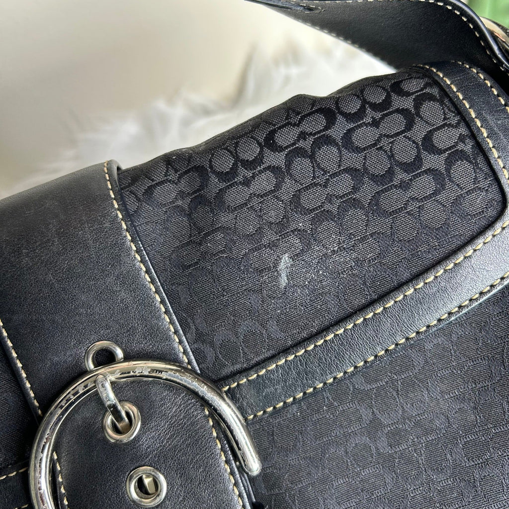Coach Soho 1466 Black Signature Jacquard Leather Shoulder Bag GOOD