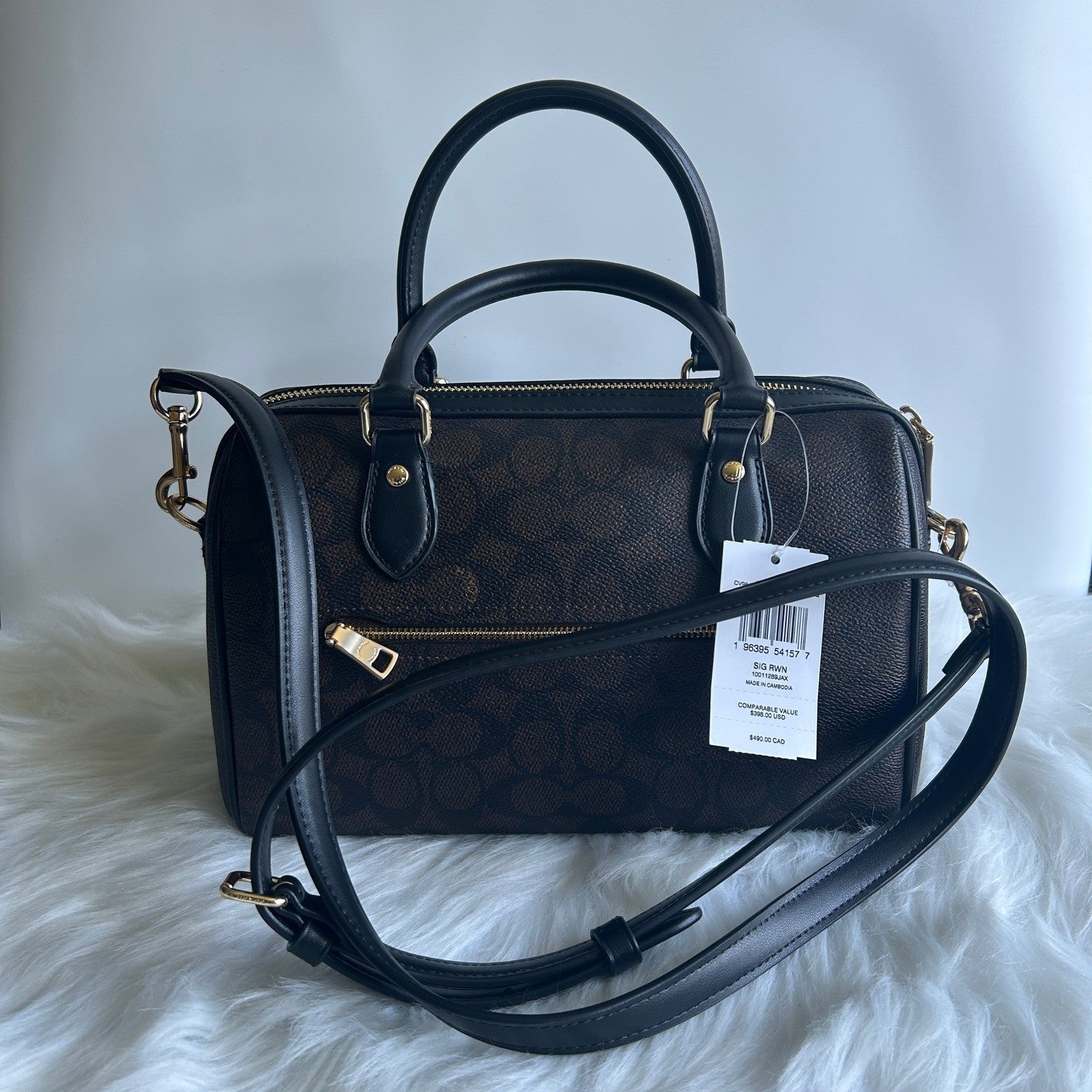 Coach Rowan Satchel Walnut Black Signature Canvas Leather Bag NEW
