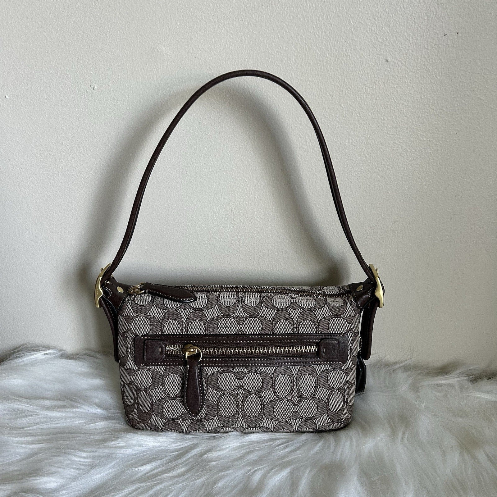 Coach Demi Bag Khaki Brown Signature Jacquard Leather Shoulder Bag Excellent
