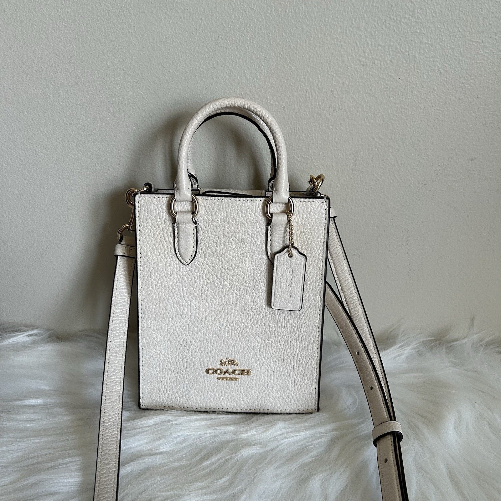 Coach North South Mini Tote Chalk White Pebbled Leather Crossbody Bag Excellent
