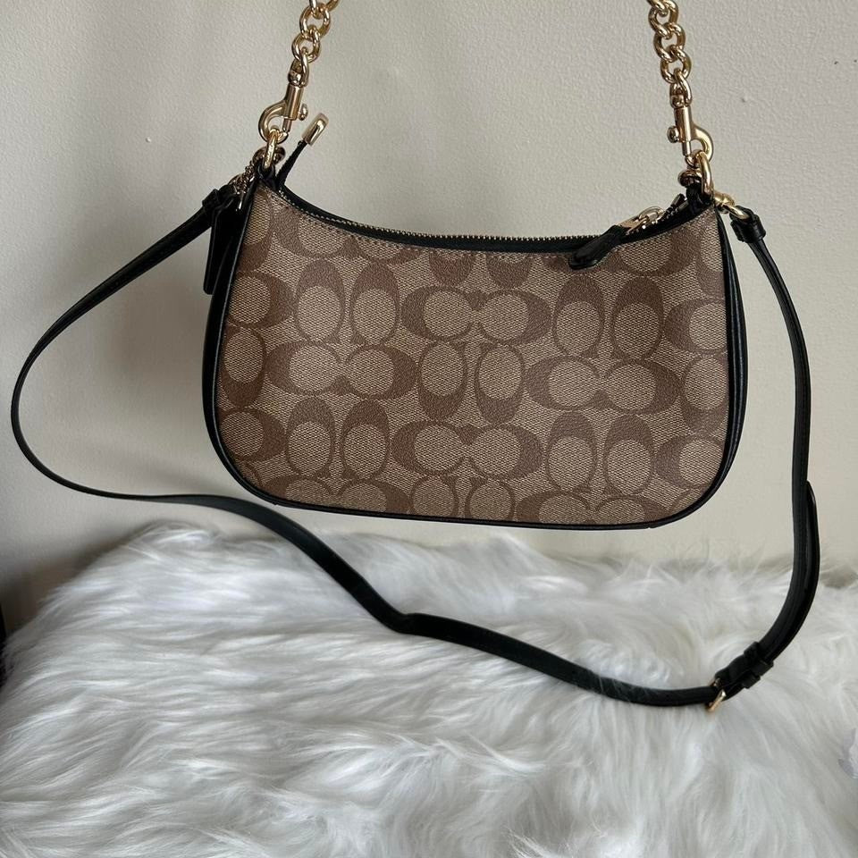 Coach Teri Hobo Khaki Signature Canvas Leather Shoulder Bag Excellent