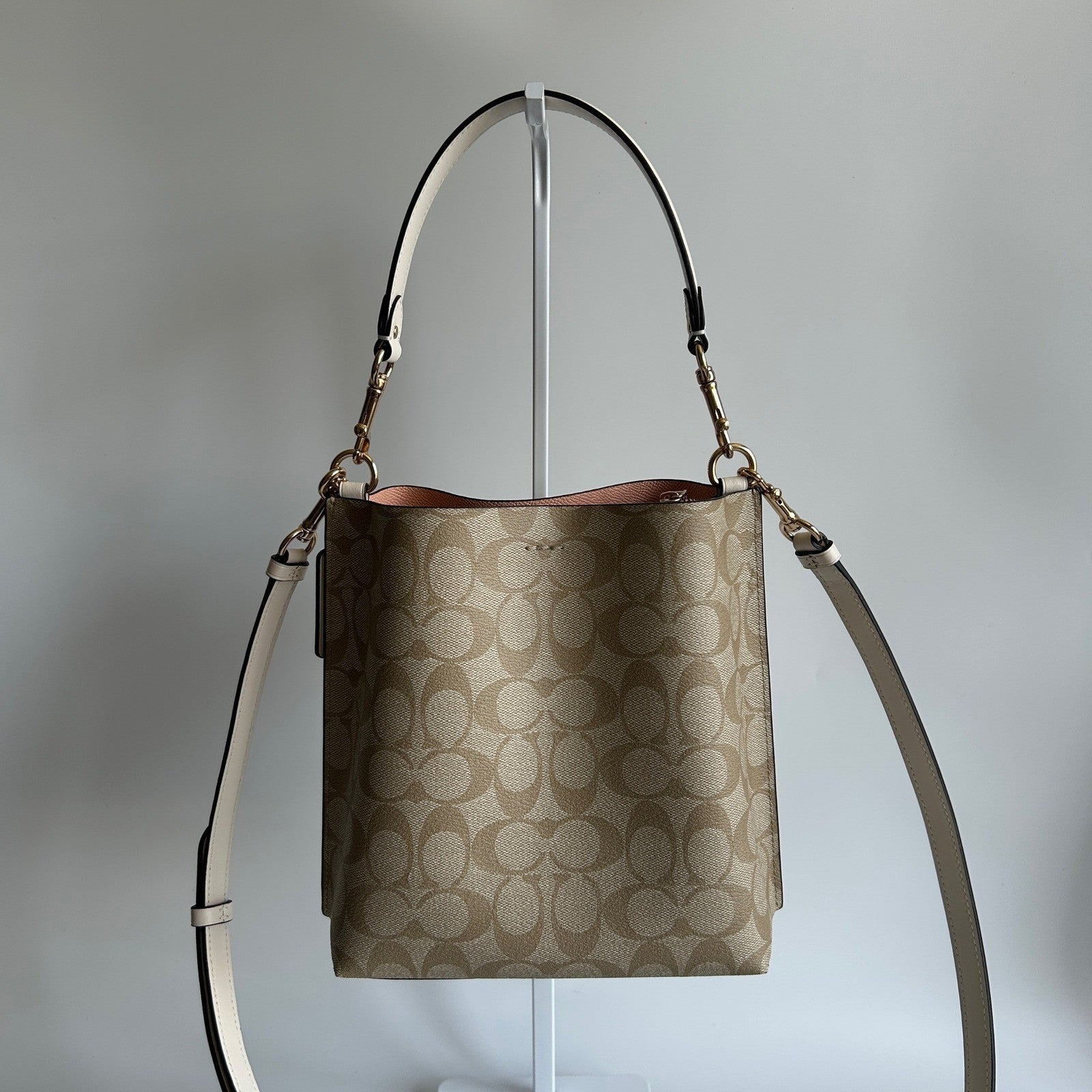 Coach Mollie Bucket Bag 22 Khaki Chalk Signature Canvas Leather Crossbody GOOD