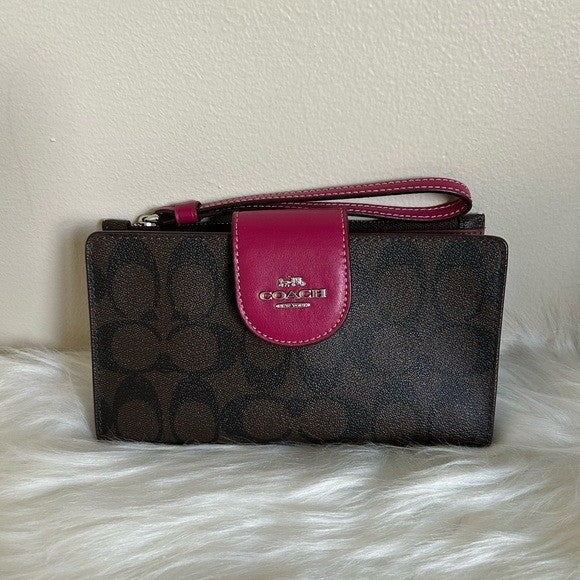 Coach Tech Phone Wallet Signature Canvas Brown Pink Wristlet C2874