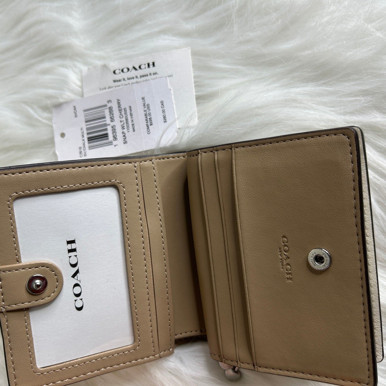 Coach Snap Wallet Chalk White Cherry Print Pebbled Leather NEW