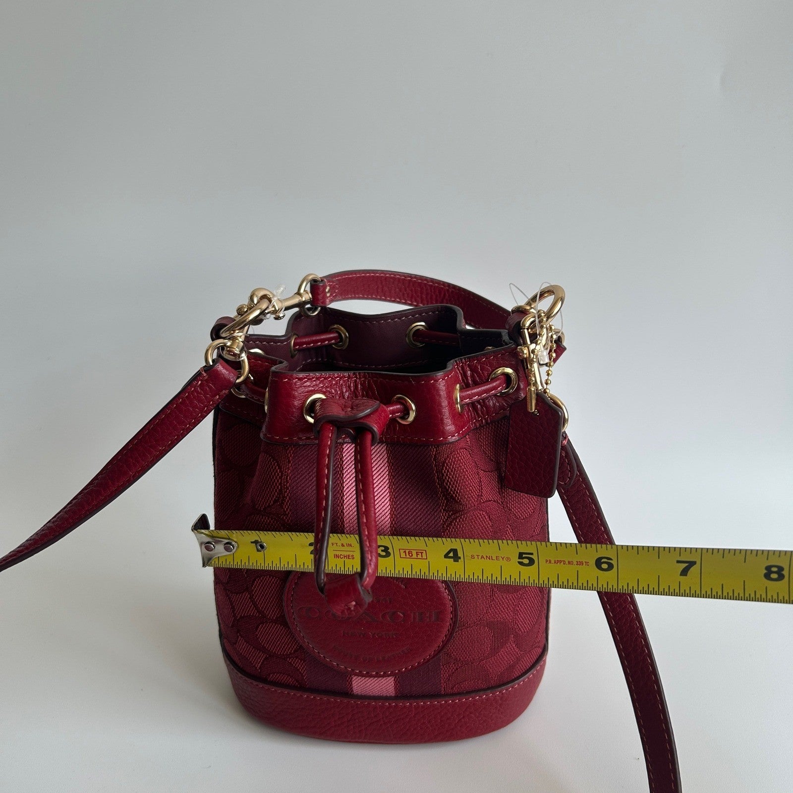 Coach Dempsey 15 Apple Red Jacquard Leather Bucket Bag Excellent