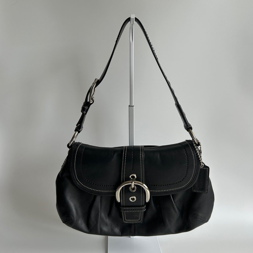 Coach Pleated Flap Black Leather Shoulder Bag F15204 Excellent