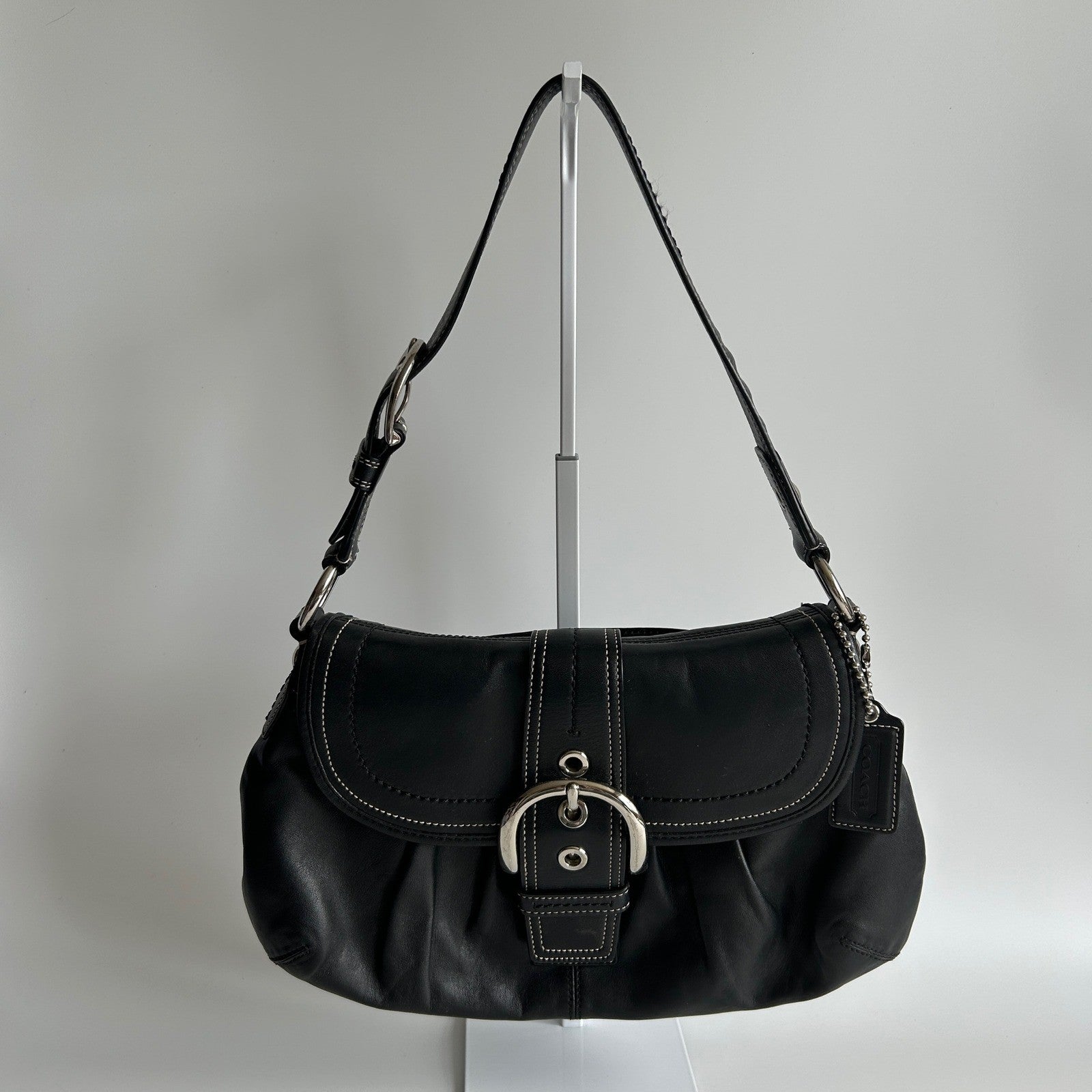 Coach Pleated Flap Black Leather Shoulder Bag F15204 Excellent