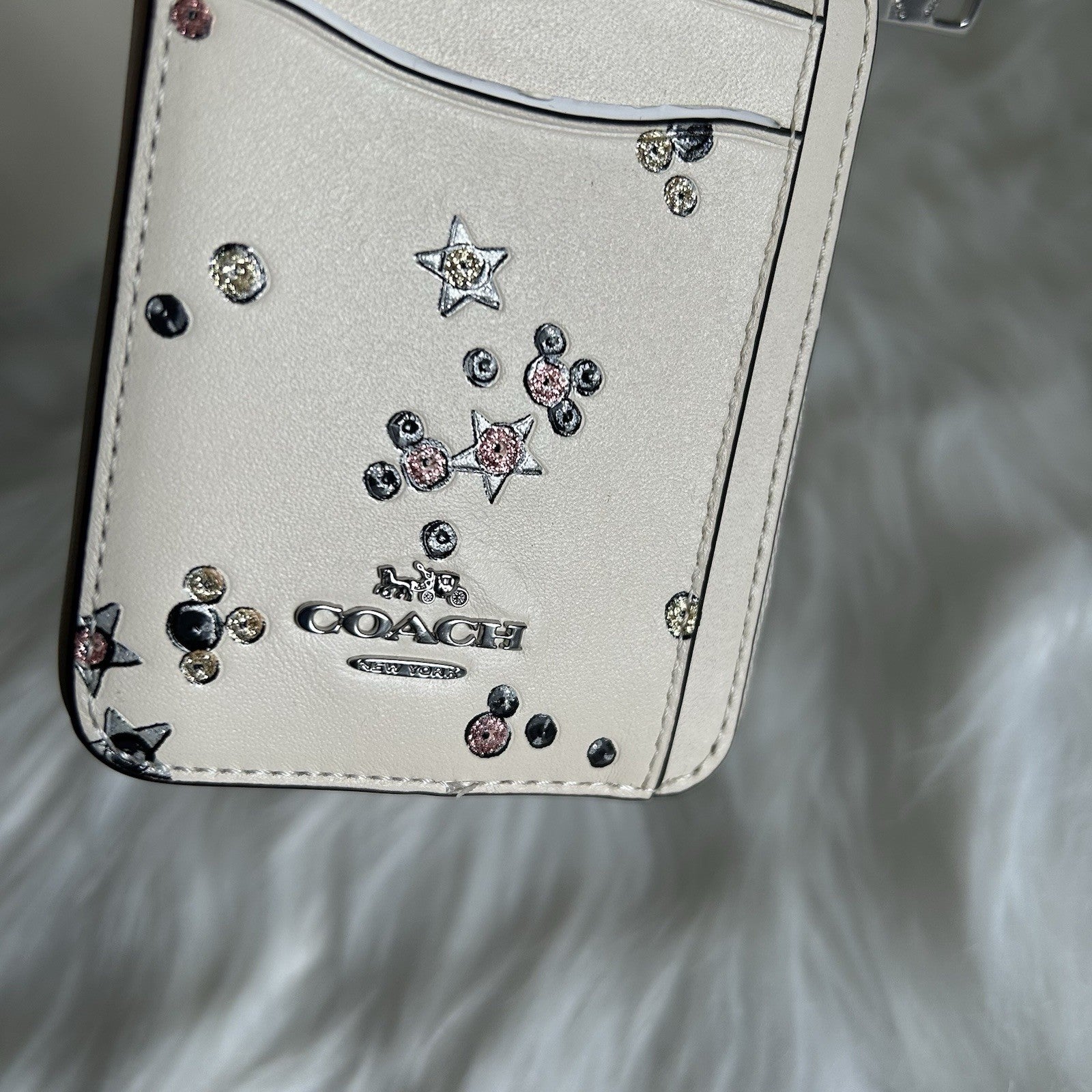 Coach Zip Card Case Chalk White Leather Star Glitter ID Window Chain Wristlet