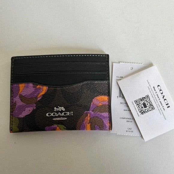 Coach Slim Card Case Signature Canvas Rose Print Purple Floral CL468 Mens Womens